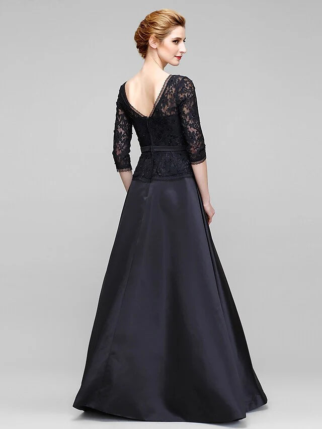 Wholesale A-Line Mother of the Bride Dress Open Back V Neck Floor Length Lace Satin Half Sleeve with Lace Bow(s)